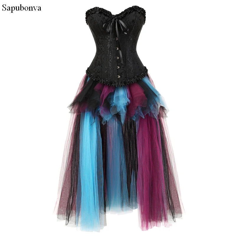 

Sapubonva Sexy Steampunk Skirt Corsets and Bustiers Top Lace Evening Women Plus Size Push Up Gothic Corset Dress Long Halloween