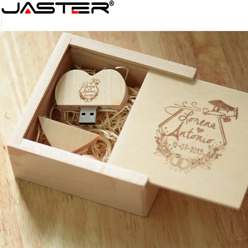 JASTER USB 2,0 деревянный usb в форме сердца+ коробка Флешка 4 ГБ 8 ГБ 16 ГБ 32 ГБ 64 Гб 128 ГБ usb флеш-накопитель внешняя карта памяти