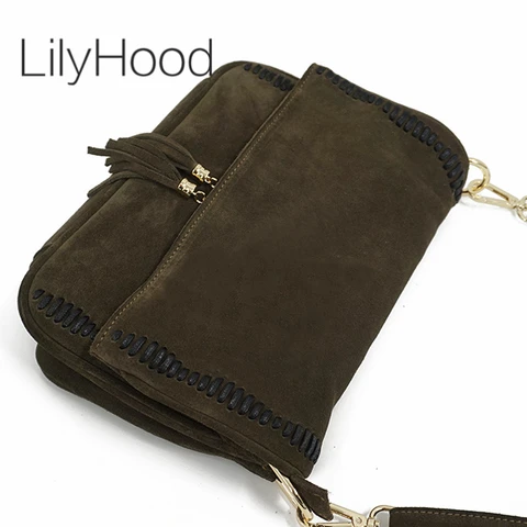 Mensageiro de Couro de Camurça com Pingente de Borla Bolsa Feminina Couro Genuíno Nubuck Casual Rua Estilo Loop Detalhes Grande Crossbody