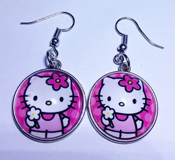 

1pair KT picture random Hello kitty glass earrings Cartoon Movie ear pendants Children girls Drop Earrings Lovely earbob