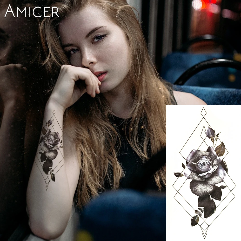 

1PC Withered Roses Hot Black White Large Flower Henna Temporary Tattoo Black Mehndi Style Waterproof Tattoo Sticker