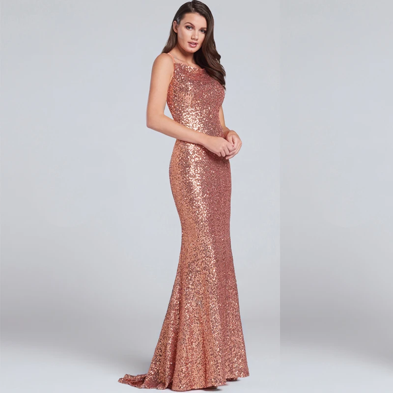 Spaghetti Strap Made Of Sequins Mermaid Gold Sequin Prom Dress Backless Formal Floor Length Long Cheap