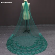 Реальные изображения Один Слои Bling кружево на нижней Gree Свадебные вуали с гребешком красивые красочные Фата