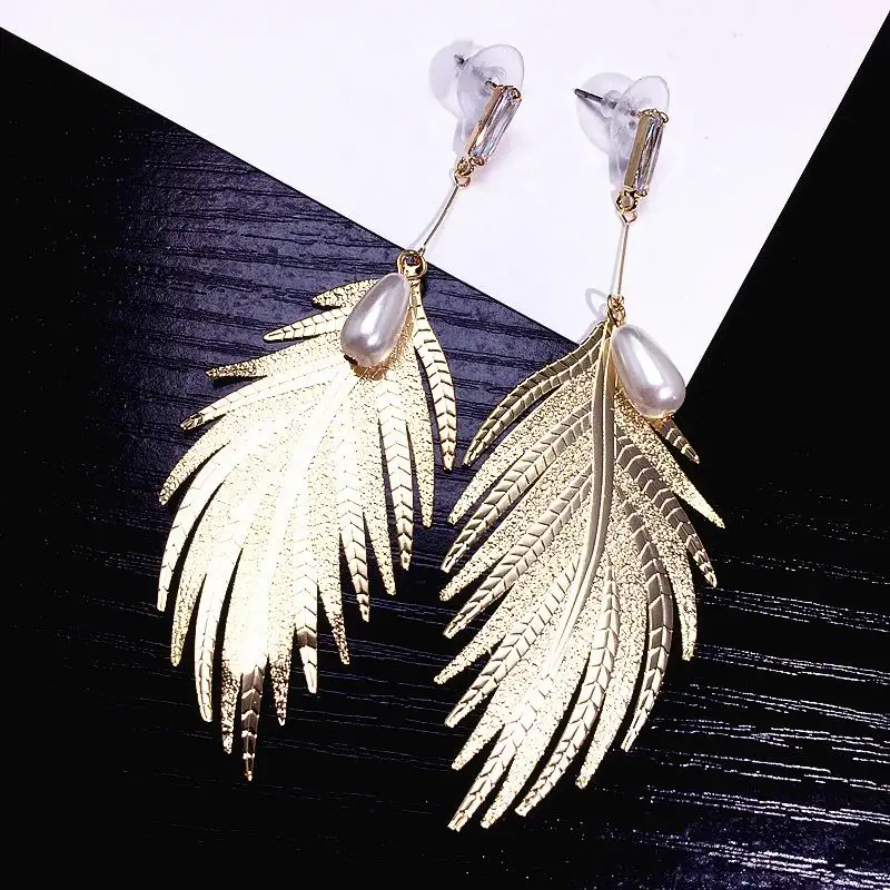 

Big Metal Leaf Feather Statement Earrings For Women Bijoux Long Earrings Fashion Jewelry Party Gold-Color 2018 Accessories
