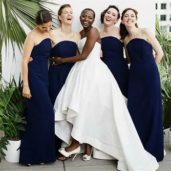 

Navy Blue Strapless Bridesmaid Dresses 2019 New Floor Length Simple Long Wedding Guest Dress Cheap Women Party Gowns Custom Made