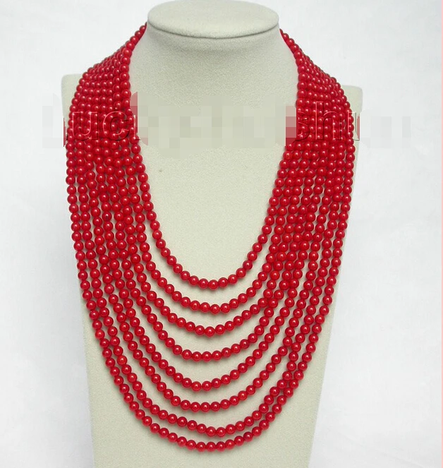 

natural 8row 17"-25" round red coral beads necklace 925s clasp j8562