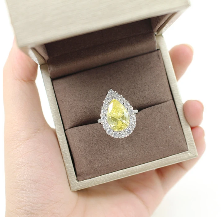

Pure 925 Sterling Silver Tear Yellow Color Cubic Zirconia Wedding Ring For Women Silver jewelry Valentine's Day Gift wholesale