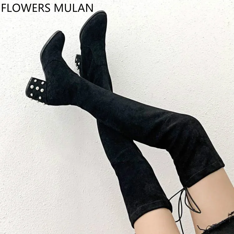 

Fashion Black Suede Stretch Fabric Sock Boots Women Thigh High Round Toe Pearl Chunky Heel Winter Shoes Woman Slip On Zapatos