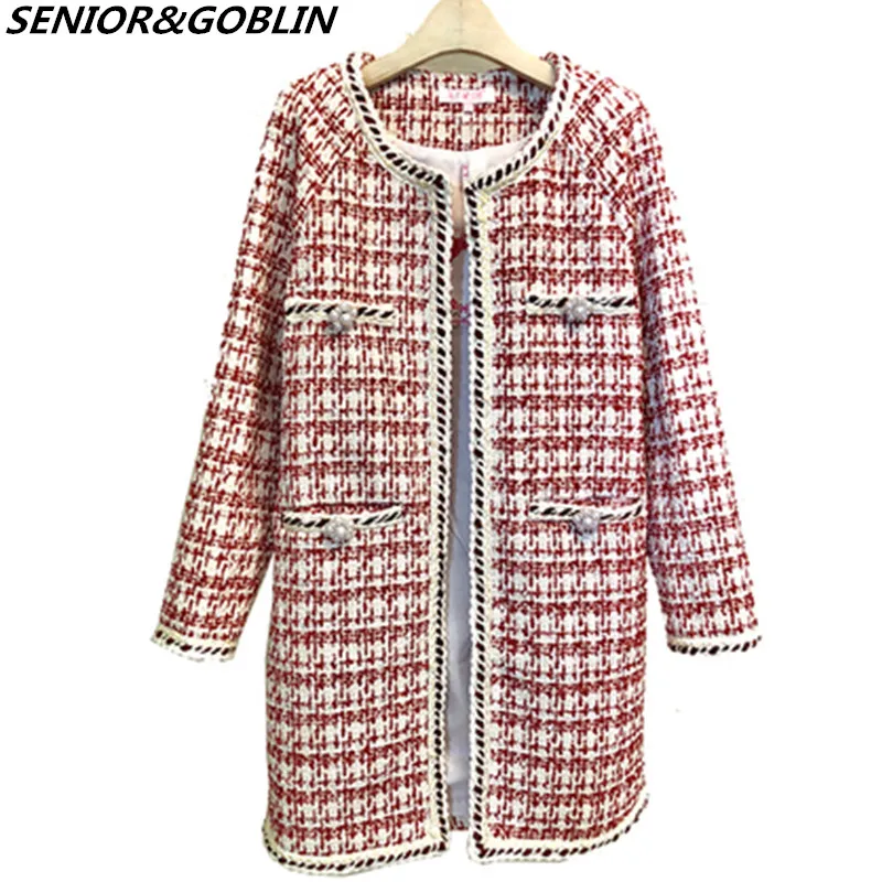 red Manteau Style Black Femmes Dames Petit Manches Perles Automne 2018 Bouton Plaid Parfumé Hiver Pardessus Veste Piste Long Tweed Longues xqXUnHgwv