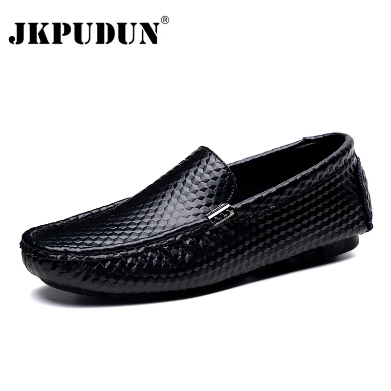 JKPUDUN/Большие размеры 38-47, мужская повседневная обувь из натуральной кожи, итальянские мужские лоферы, Мокасины, роскошные брендовые слипоны, Мужская обувь для вождения - Цвет: Black