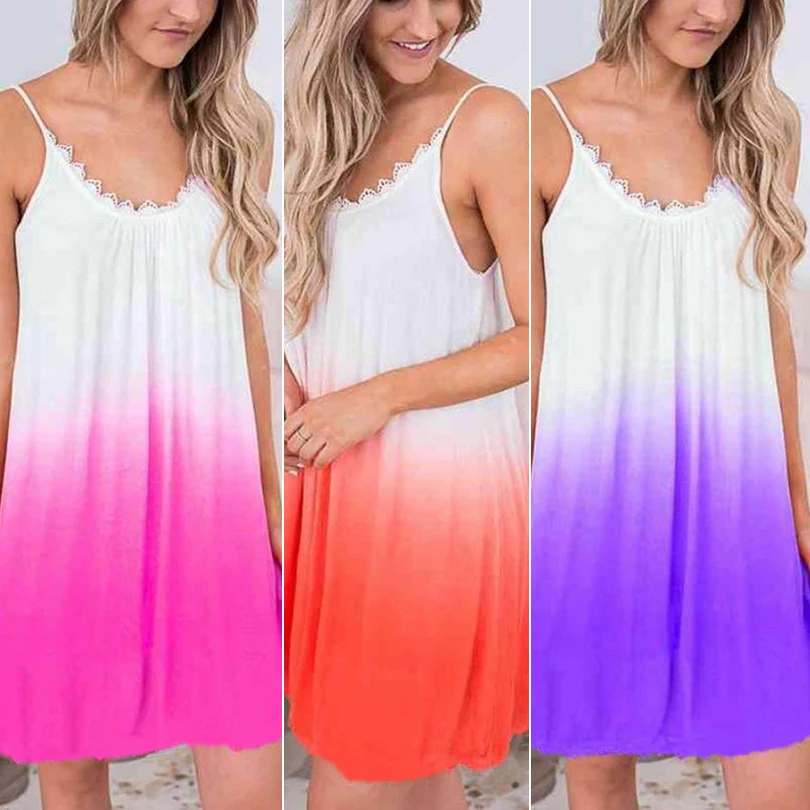 

Women's Casual Lace Patchwork Summer Dress Gradient Color Sleeveless Loose Dress Fashion beach dresses Women vestido
