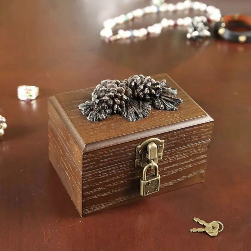 European American Country Pine cones wooden jewelry box earrings