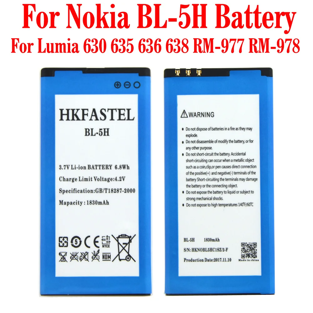 

HKFASTEL New BL-5H 5H Li-ion Mobile Phone Battery For Nokia Lumia 630 635 636 638 RM-977 RM-978 , 1830mAh
