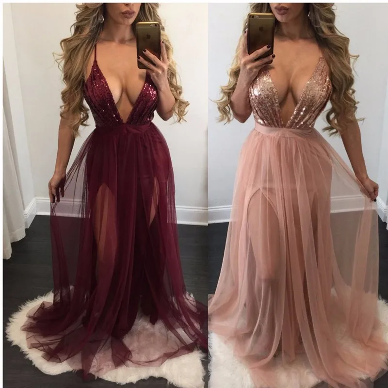 summer dress fashion wedding sexy High Split dresses evening party Mesh Chiffon Lace Sequins Sexy bodycon women Dress