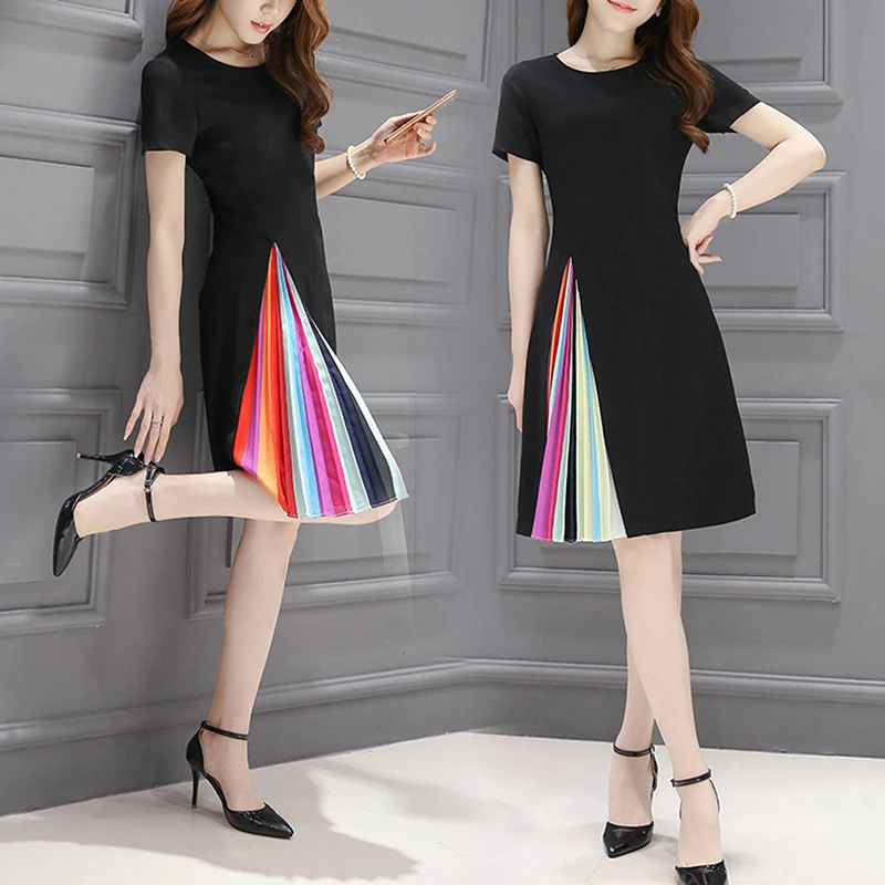 

New Women Mid Dress Dress Ladies Elegant Party Large Hem High Waist Dress Vintage rainbow Striped Stitching Casual