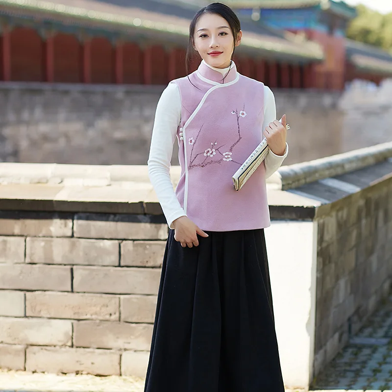 

Woolen Hand-painted Retro Autumn Winter Loose Chinese Style Casual Sleeveless Button Short Jacket Tea Pink