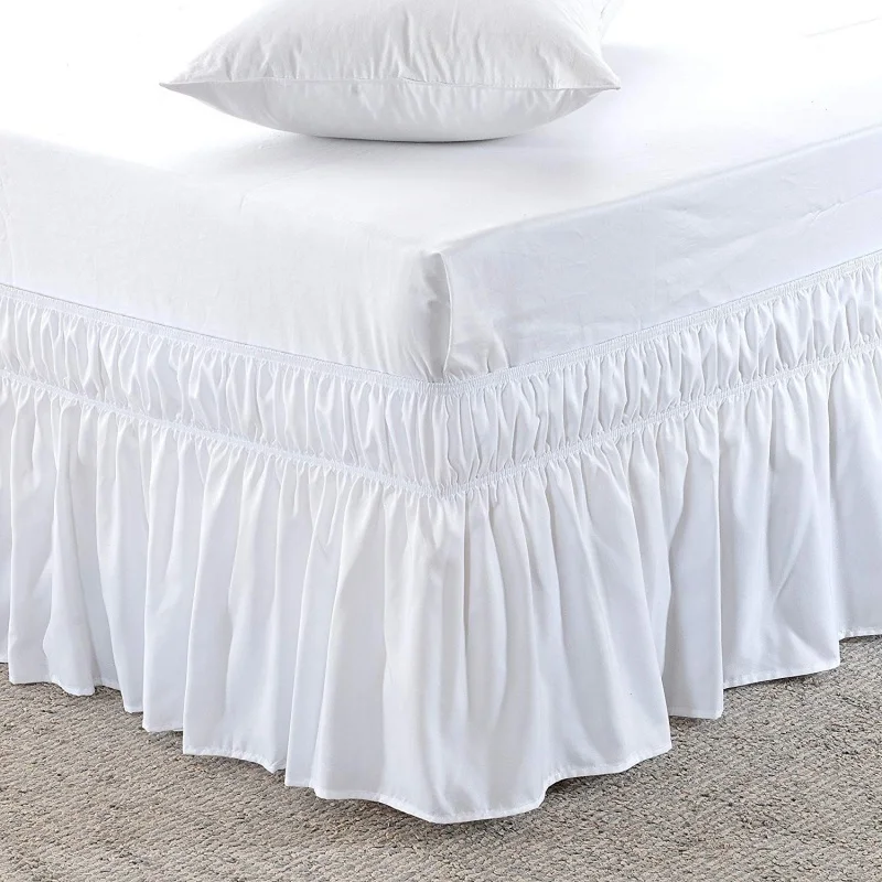 Обмотка вокруг кровати юбка эластичная пыль гофрированная 3 стороны ткани легко подходит морщин и выцветает стойкий сплошной цвет 1" падение полный королева король - Цвет: Белый
