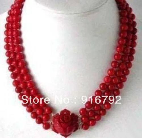 

free shipping 3 Rows Red Coral Beads Flower Pendant Clasp Necklace(17"-19")