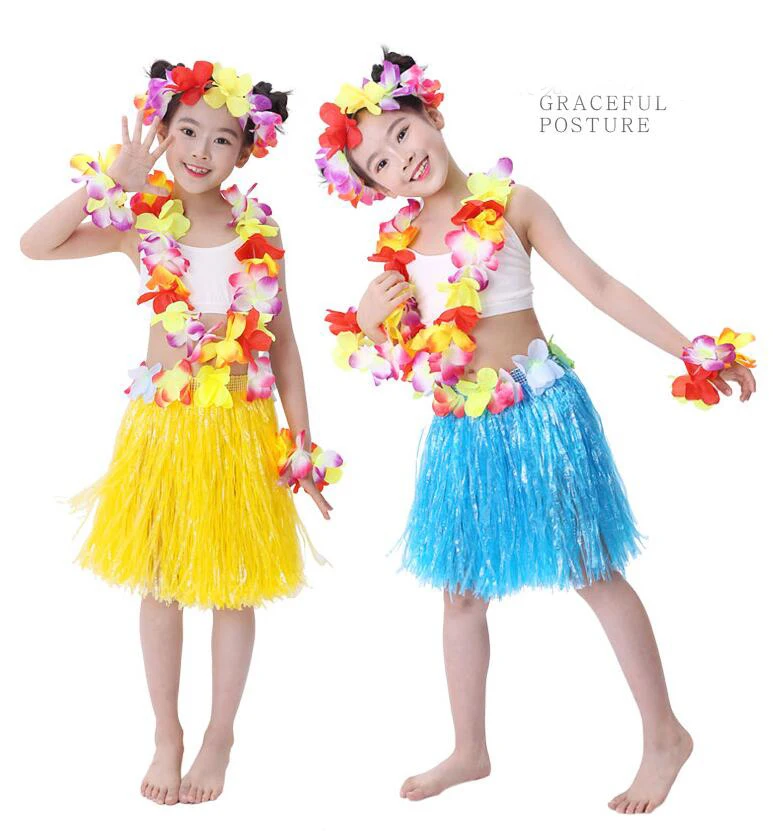 5 шт./компл. Пластик волокна для детей; праздничные вечерние Танцы платье Гавайский пляжный Юбка для танца \"хула\" Гавайские травяные костюм с юбкой с цветочным рисунком
