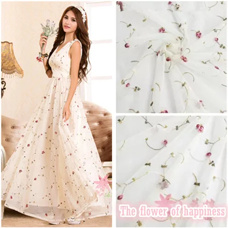 

Free Shipping Beige Small Flower 3D Mesh Cloth Embroidery Lace Fabric Width 130 Cm RS61