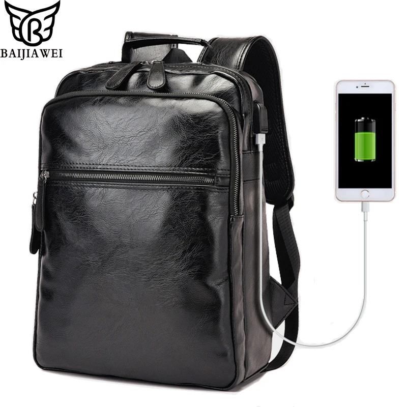 Goede BAIJIAWEI Grote Capaciteit PU Lederen Rugzak USB Opladen mannen Zakelijke Laptop Rugzak Schooltas Leisure Reistassen