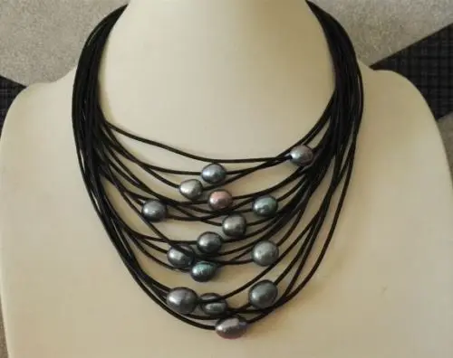 

Free shipping Hot sale new Style >>>>>15 strands black Leather Rope & dark gray Freshwater Pearl Necklace
