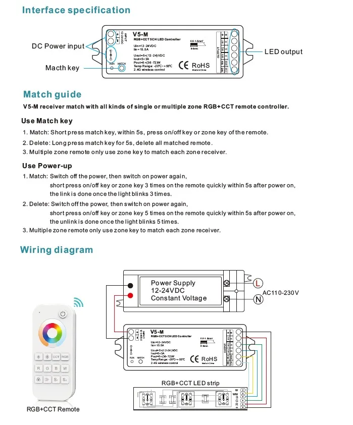 5 канальный 2,4G RGB+ CCT светодиодный RF контроллер DC5-24V с 4 зонами RF пульт дистанционного управления для RGB+ CCT светодиодный светильник V5 V5-M контроллер