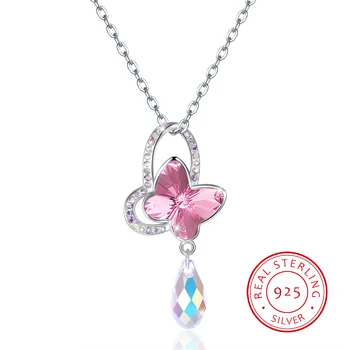

Luxury Butterfly Ruby Crystal Pendant Necklace 925 Silver Base Woman Necklace Romantic Lover Jewelry Sweater Silver Chain