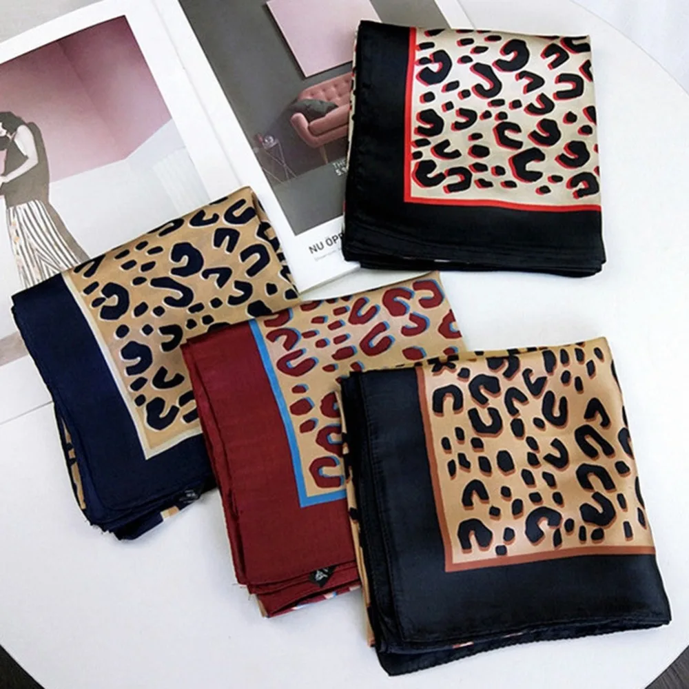 Elegant Women 70*70cm Square Silk Scarves Leopard Letters Soft Satin Scarf Retro Head Neck Hair Tie Band
