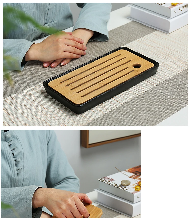6.1Ceramics Bamboo Tea tray Drainage Water storage Kung Fu Tea set room Board table Chinese tea cup ceremony tools Tea Set