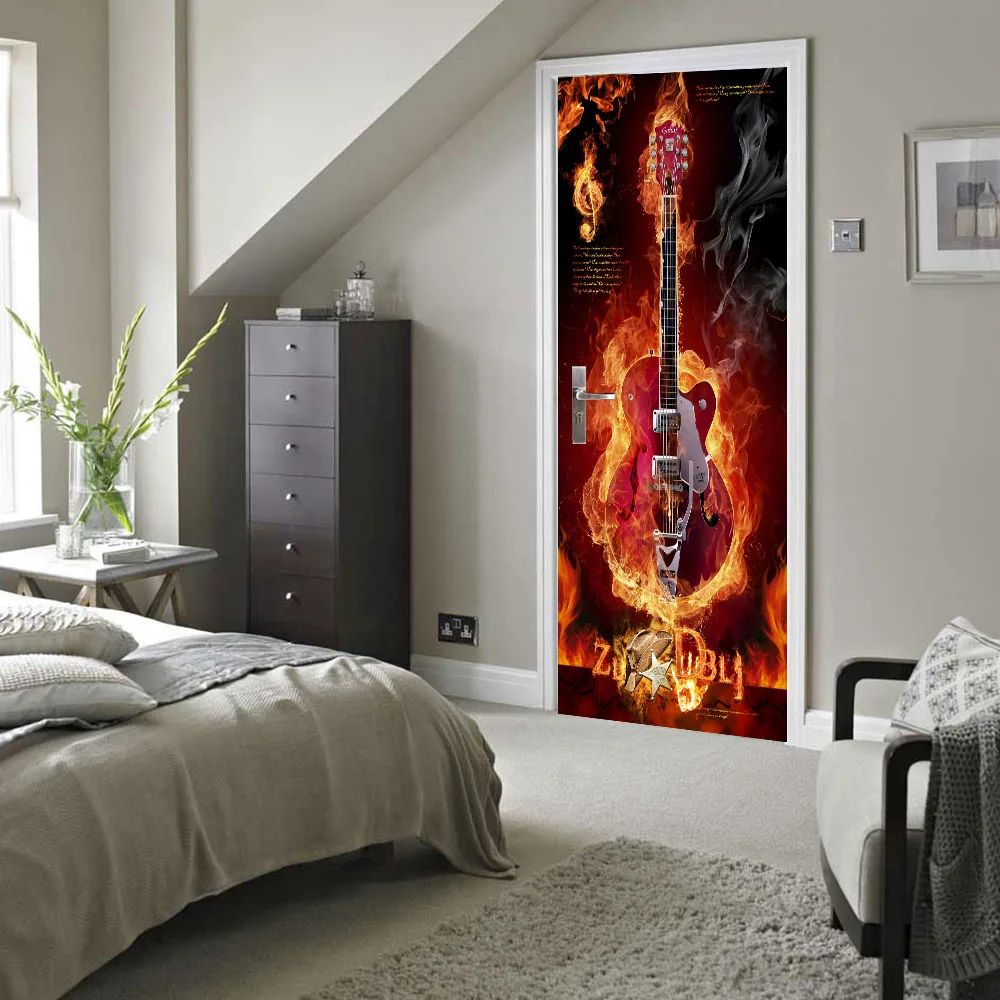 

Free shipping 3D creative fire guitar Door Wall Stickers Bedroom Home Decor Poster PVC Waterproof Door Sticker 77x200cm