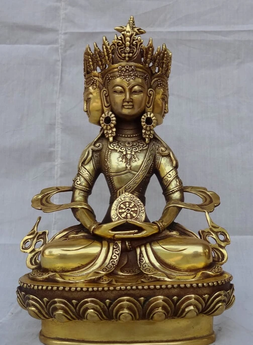 

S5364 13" Tibet Brass Buddhism Joss 4 Head Kwan-yin GuanYin Goddess Buddha Statue D0318