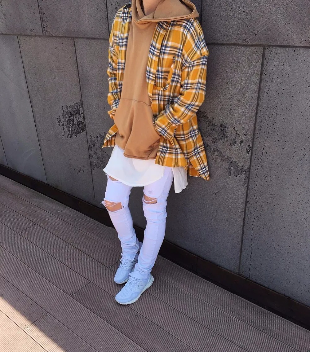 Vente Justin bieber LA PEUR DE DIEU flanelle Ecosse grille chemises à manches longues Hiphop étendu ourlet incurvé surdimensionné Hommes chemise Rouge jaune