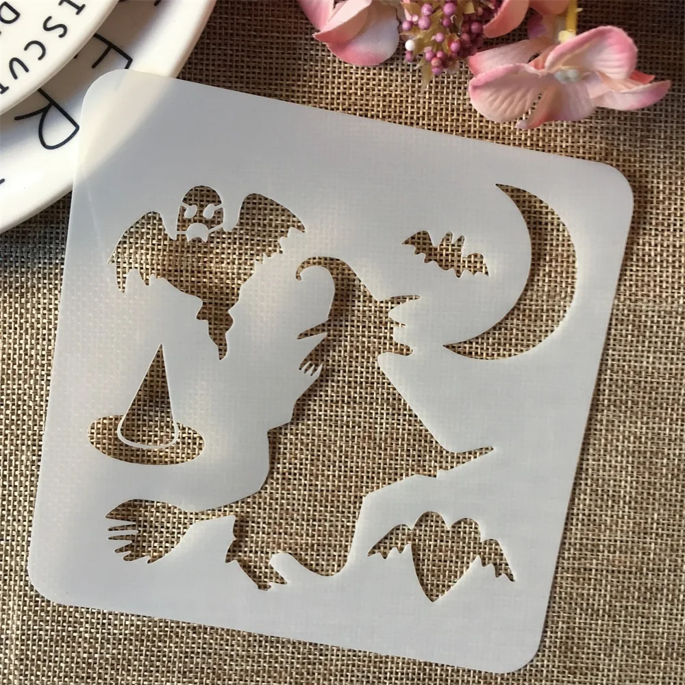 

1Pcs 5*5inch Witch Bat Moon Magic Halloween DIY Layering Stencils Painting Scrapbook Coloring Embossing Decorative Template