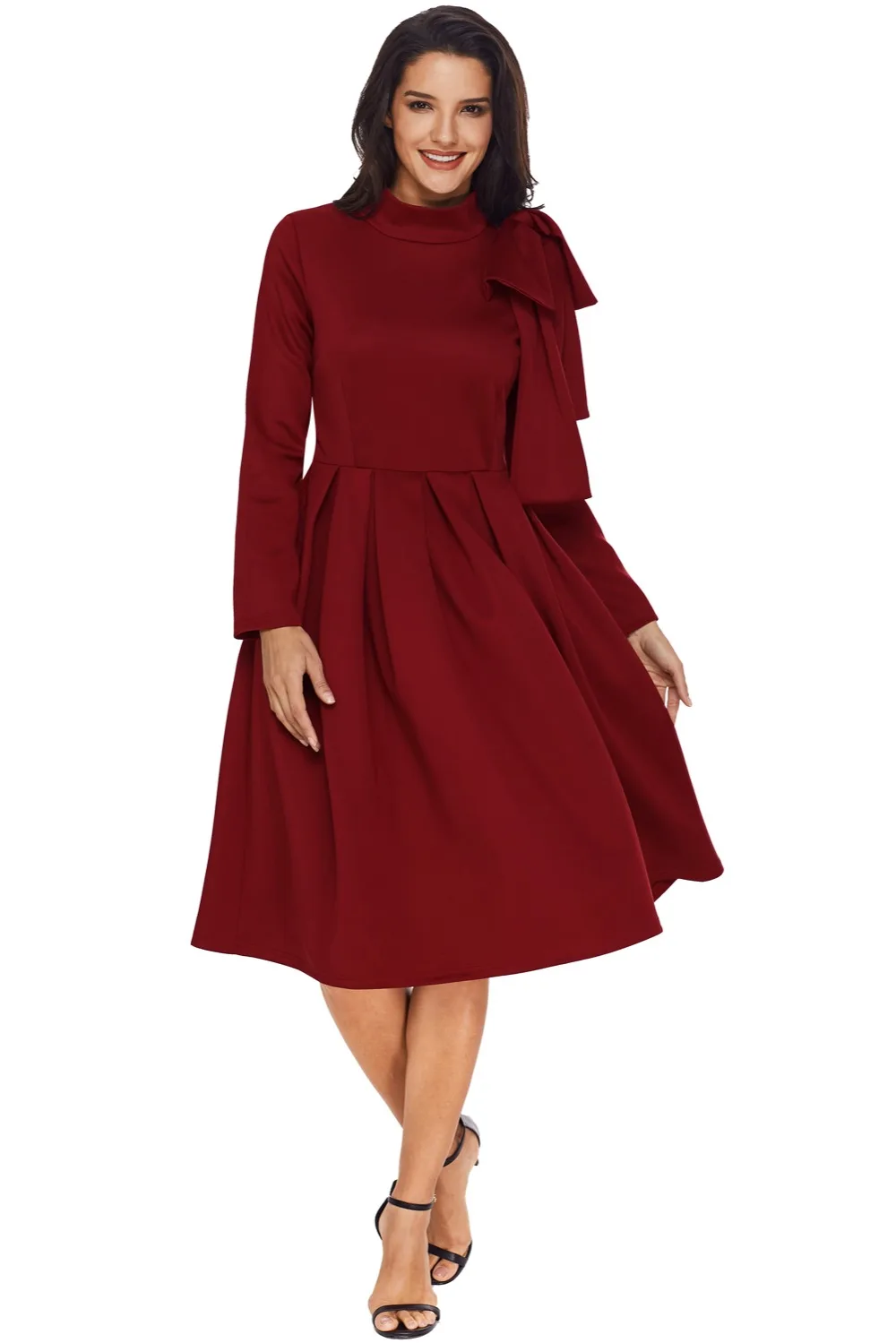 Burgundy-Bowknot-Embellished-Mock-Neck-Pocket-Dress-LC61832-3-1