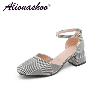 

Buckle Strap Shoes For Women 2018 Spring Shallow High Square Heel Dress Women Shoes Faux Leather Pink Concise Square Toe Shoes