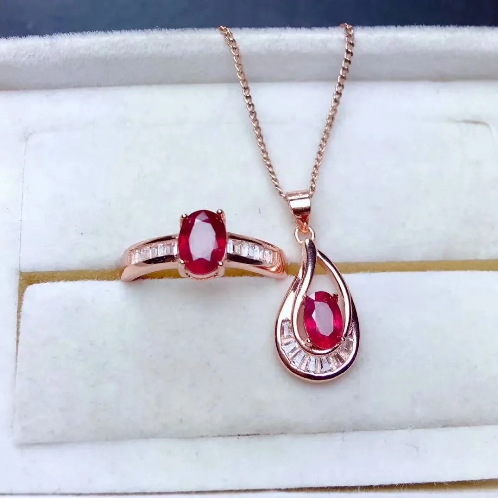 

shilovem Natural New Burning Pigeon Blood Ruby Gemstone pendants Rings for Women Real 925 Sterling Silver Fine mtz050728agh