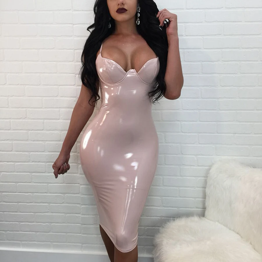 

New Summer Dress Women Sexy Party Club Dress New Robe Femme PU Dress Latex Glossy Sexy Bodycon Midi Dress M-4XL