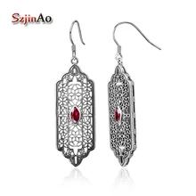 Szjinao европейские классические женские винтажные ювелирные изделия Модные серьги из стерлингового серебра 925 пробы выдалбливают гранат Длинные Серьги