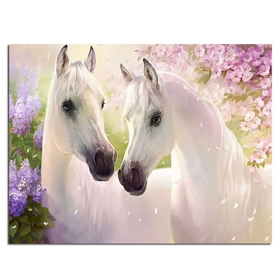 

100% Full Square Drill DIY 5D Diamond Animal White Horse Flower Painting Cross Stitch Embroidery Patterns Mosaic Wall Decoration