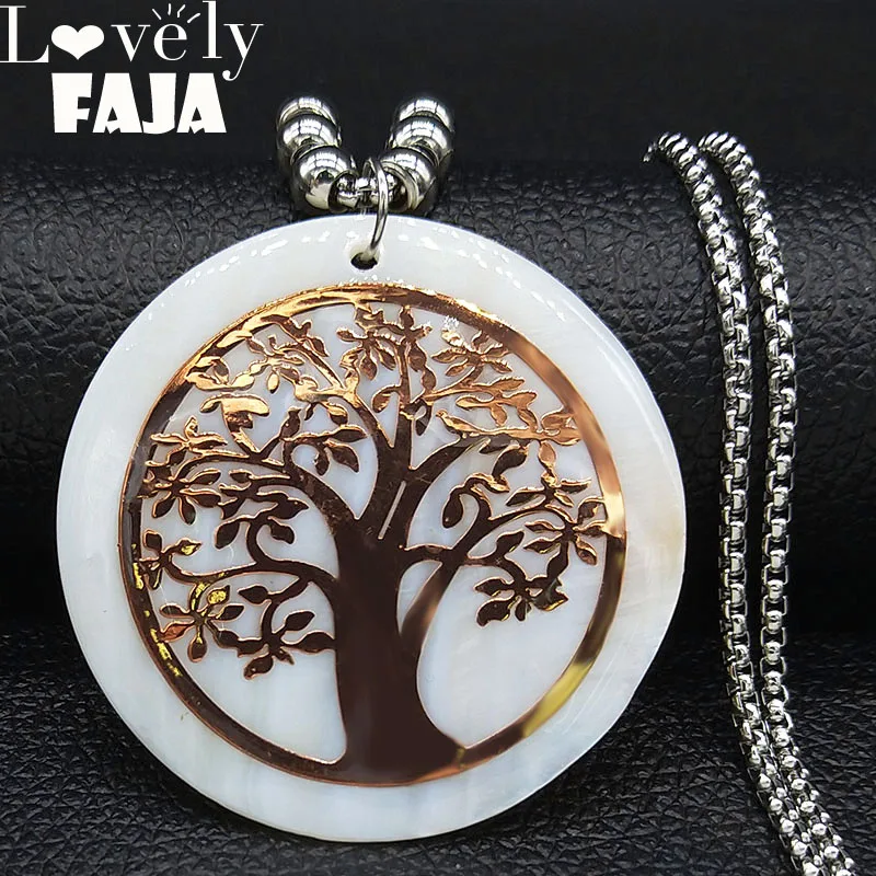 

2019 Tree of Life Stainless Steel Shell Chain Necklace for Women Rosd Color Big Long Necklaces Jewelry collares largos N19208