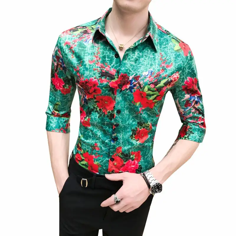 

Stage Shirt for Men Lapel collar Half sleeve Floral Social Shirt Korean style Blouse Men Flowers Fashion Summer