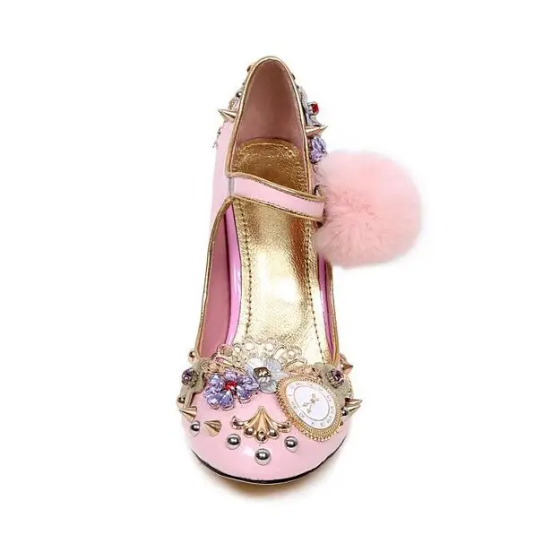 Vintage Pink Pom Pom Decor High Heel Pumps Mary Jeans Spike Crystal Flower Embellished Wedding Party Dress Shoes Round Toe Women's Shoes