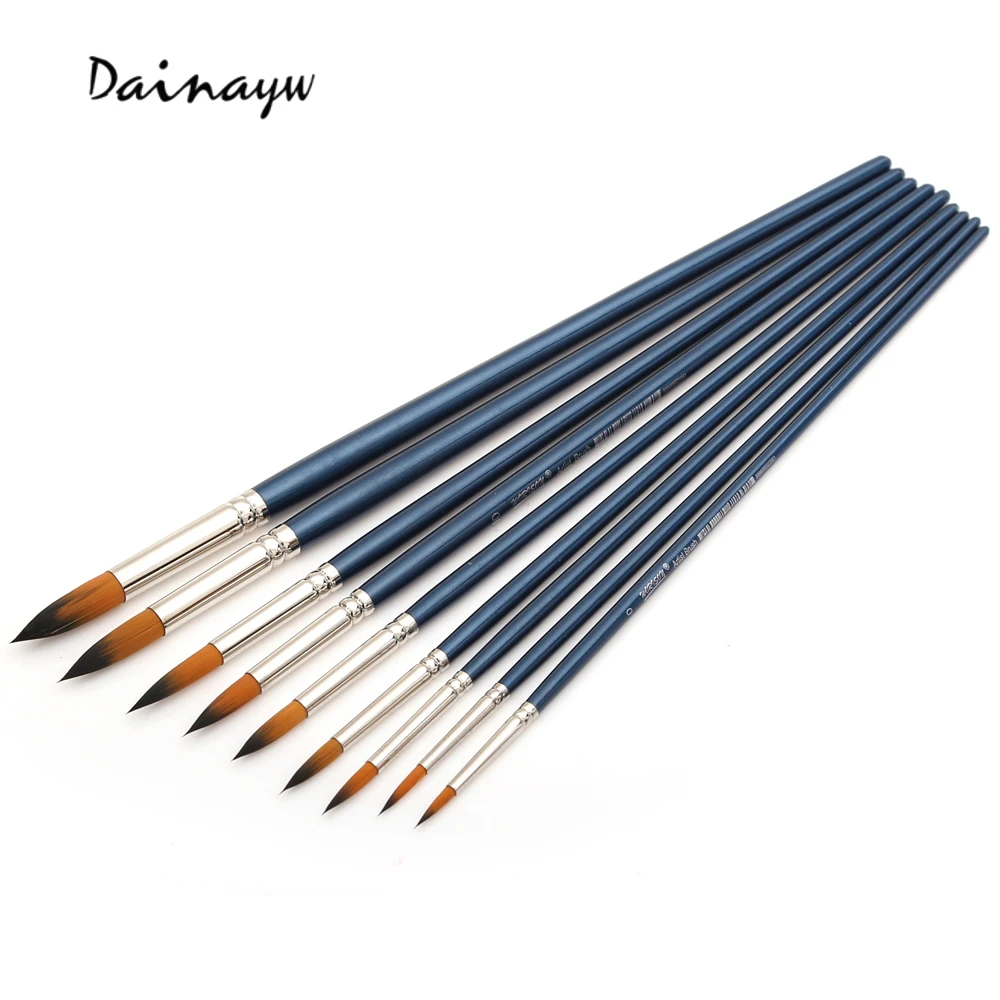 Kopen Dainayw Lange Handvat 9 stks set Verf Borstels Ronde Vorm Nylon Haar Aquarel Borstel Voor Olie Acryl Borstel Kunst Levert