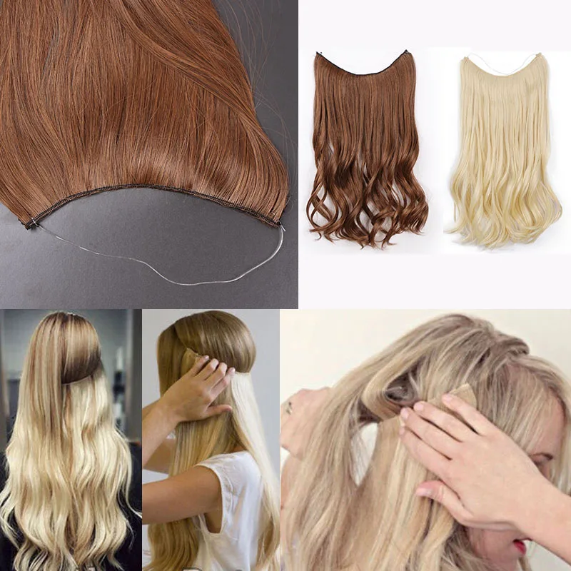 AISI BEAUTY No Clip in Halo Hair Extensions Invisible Wire Secret Fish Line Hairpieces Silky Straight Real Natural Synthetic
