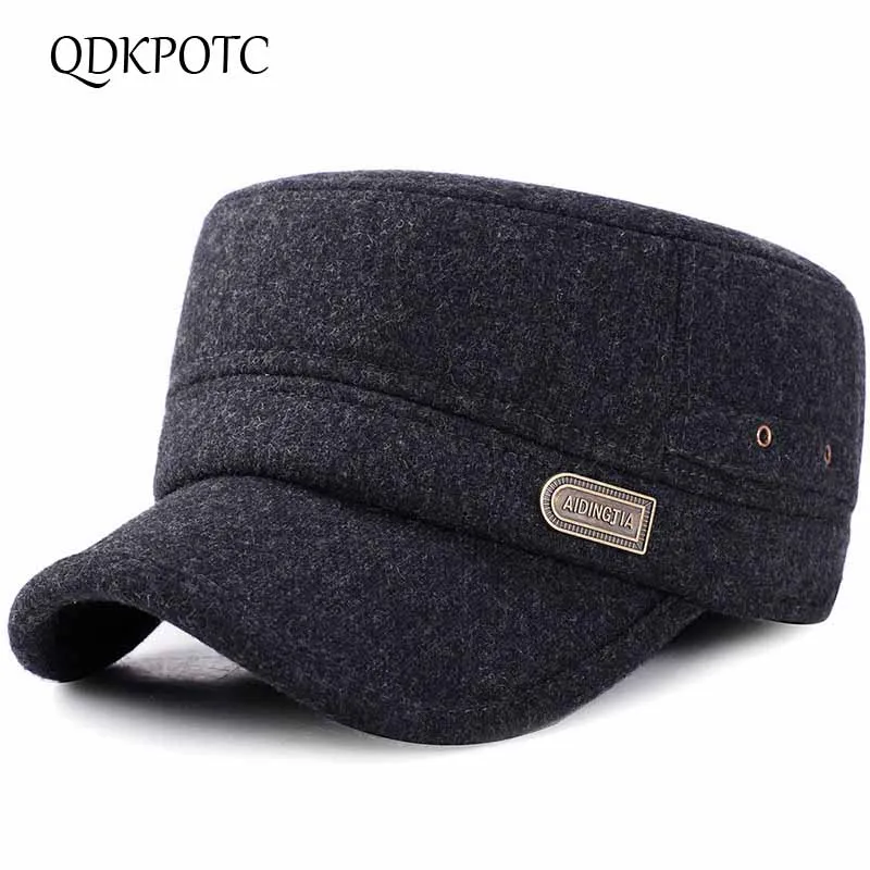 

QDKPOTC Autumn Winter Wool Blended Felt Flat Caps Men Fashion Military Cap Army Cap Dad Hat With Thicken Keep Warm Earmuffs Hats