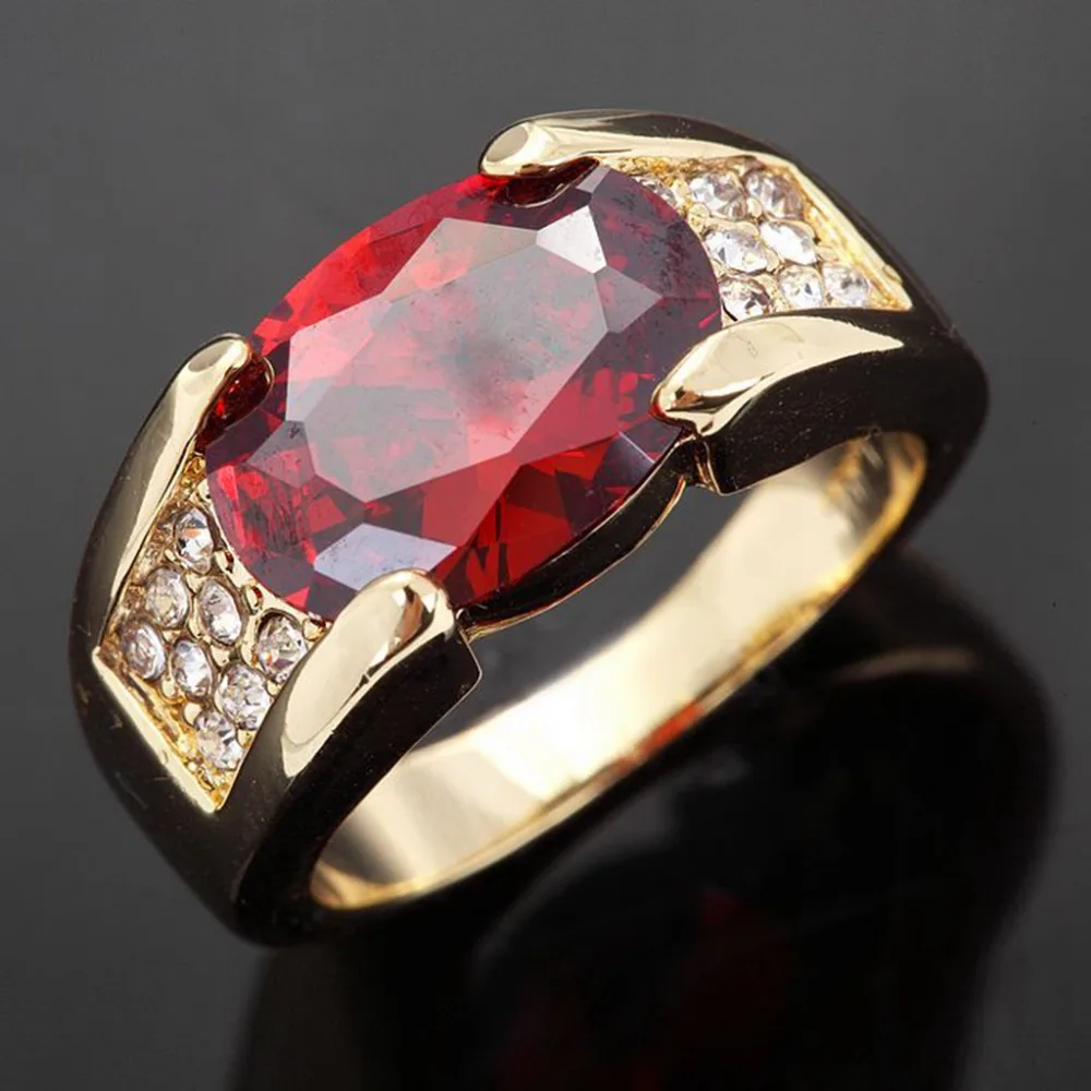 SuoHuan, размер 8-11, очаровательные кольца для мужчин, Красный Цирконий, большой камень, кристалл, позолота, вечерние, модные, Обручальные, ювелирный подарок на палец