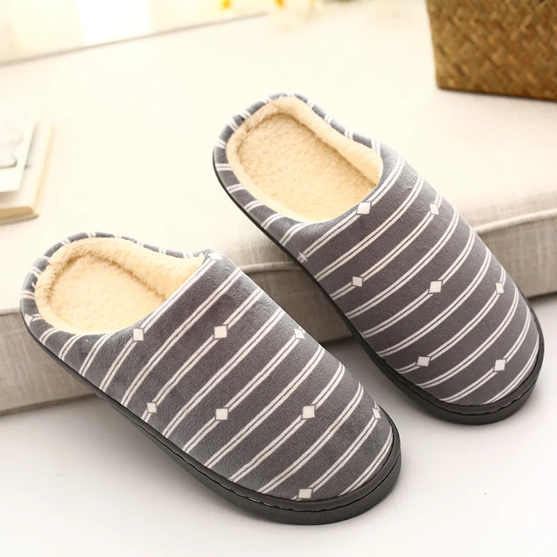 Checkered striped side line indoor home cotton slippers Winter couple warm cotton slippers cotton shoes Home cotton shoes
