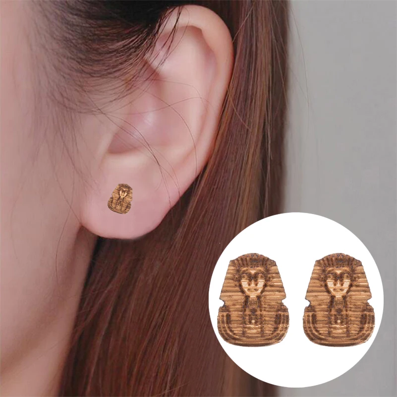 

Vintage Mystic Egypt Style Pharaoh Shaped Wood Stud Earrings for Women Antique Figure Earings Kolczyki