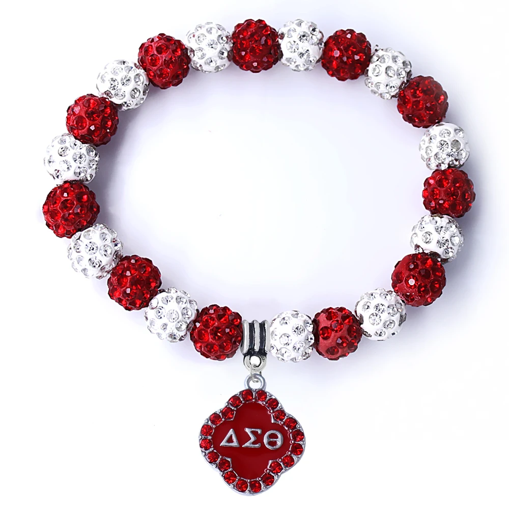 

Popular greek letter society DELTA SIGMA THETA sorority label bracelet red enamel metal pendant beads bangle